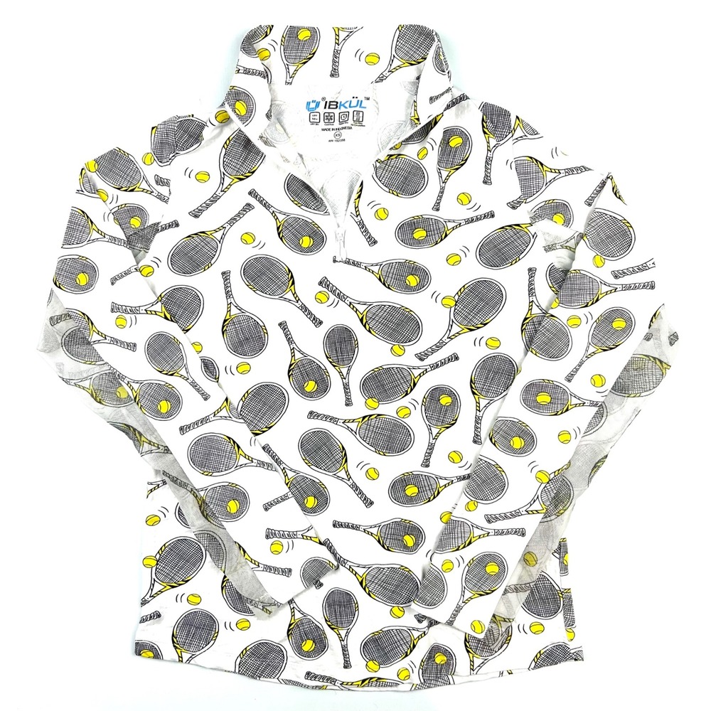 IBKUL Womens XS Tennis Racket Print Quarter Zip Sun Shirt UPF 50+ White Yellow